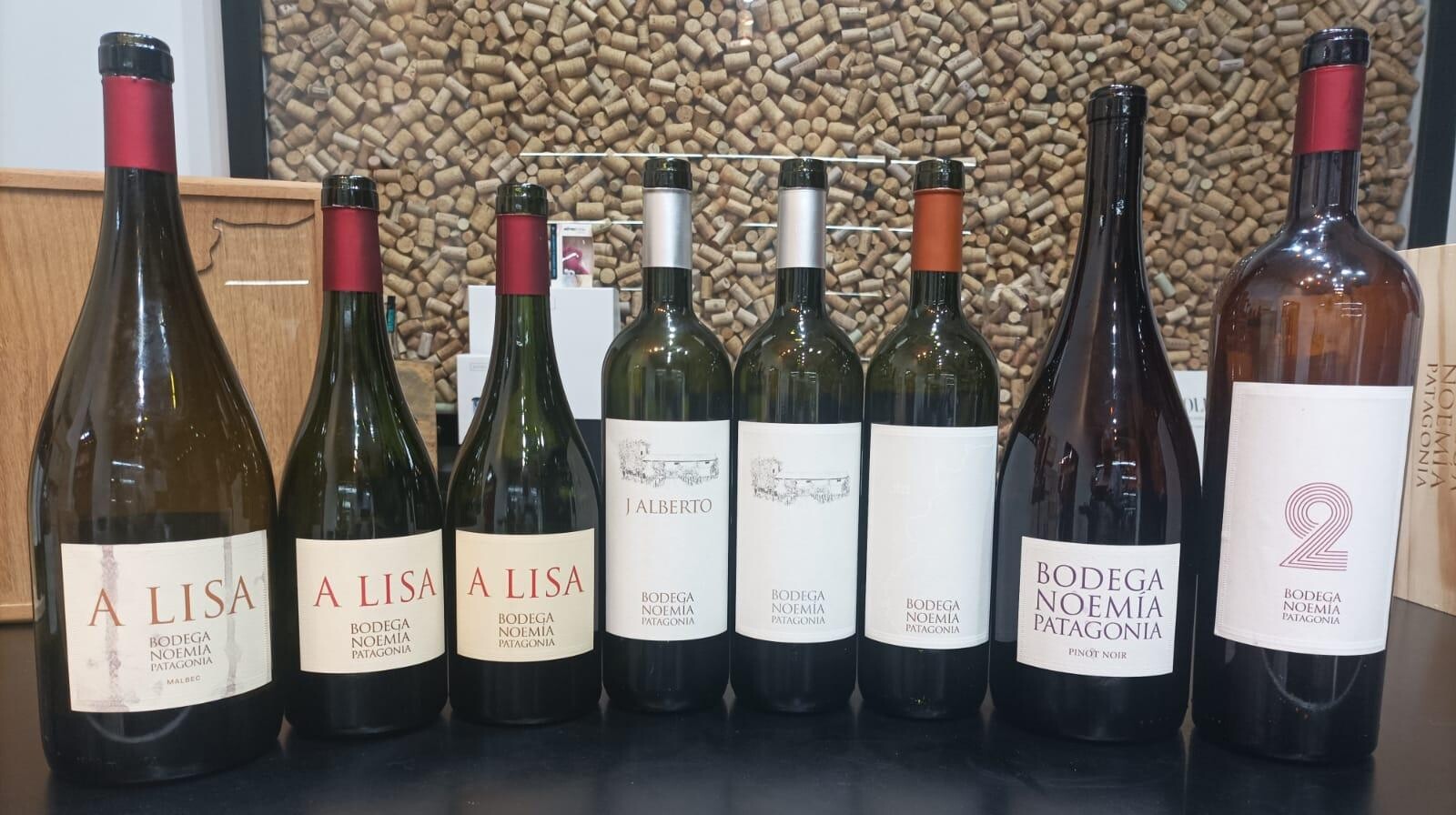 Full lineup of Bodega Noemia wines including A Lisa, J Alberto, Pinot Noir and 2 DUE