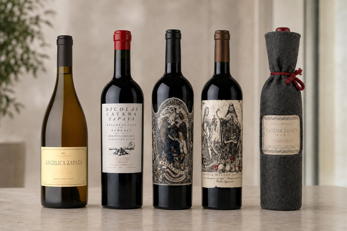 The five Catena Zapata wines tasted: Angelica Zapata Chardonnay, Nicolas Catena Zapata, Birth of Cabernet, Malbec Argentino and the felt-wrapped Estiba Reservada