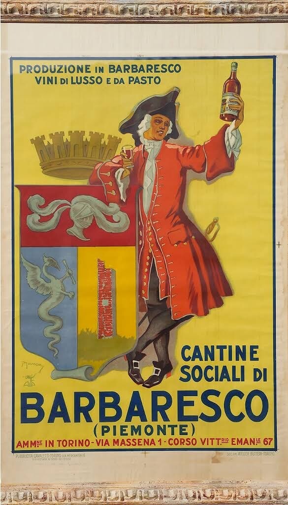 Vintage Cantine Sociali di Barbaresco advertising poster showing a man in a red coat raising a bottle