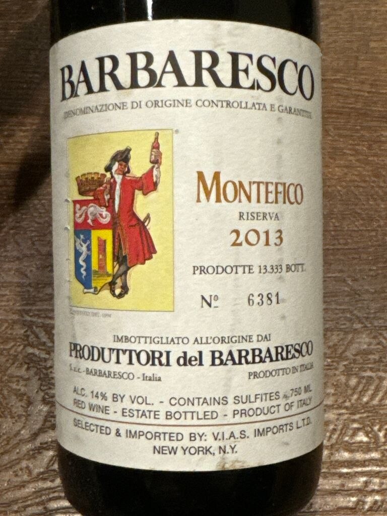 Close-up of the Produttori del Barbaresco Montefico Riserva 2013 label